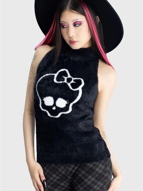 Killstar Black Faux Fur Sleeveless Top with White Skull Bow Graphic